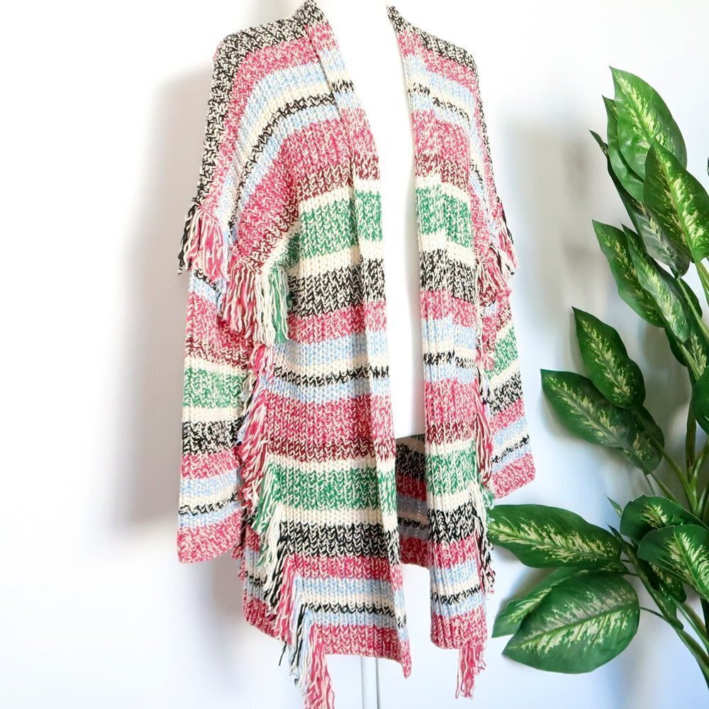 Maje Missy Multicolor Stripe Fringe Knit Long Sleeve Open Front Cardigan Small S - Picture 14 of 15